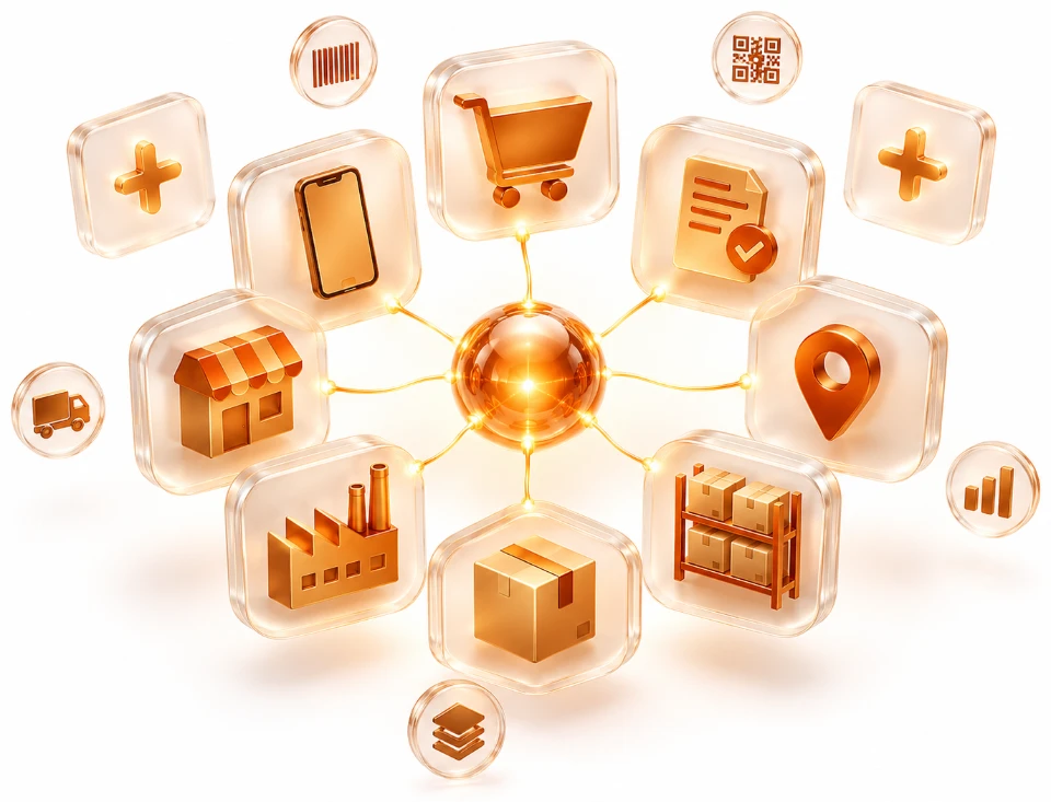Packages snapping together around one TradeGrid core: orders, billing, field sales, stock, procurement, manufacturing and the dealer and field sales apps