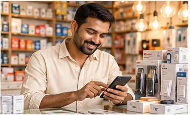 Dealer placing an order on a phone at the shop counter