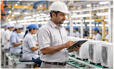 Supervisor with a tablet on an assembly line