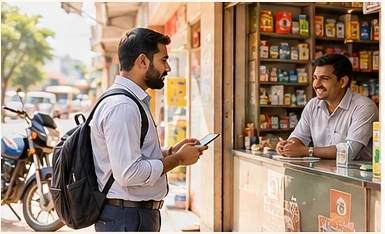 Sales executive visiting a shop with a tablet