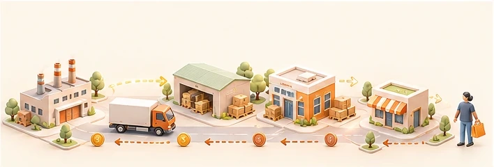 Goods travel from factory to distributor, dealer and customer while payments travel back