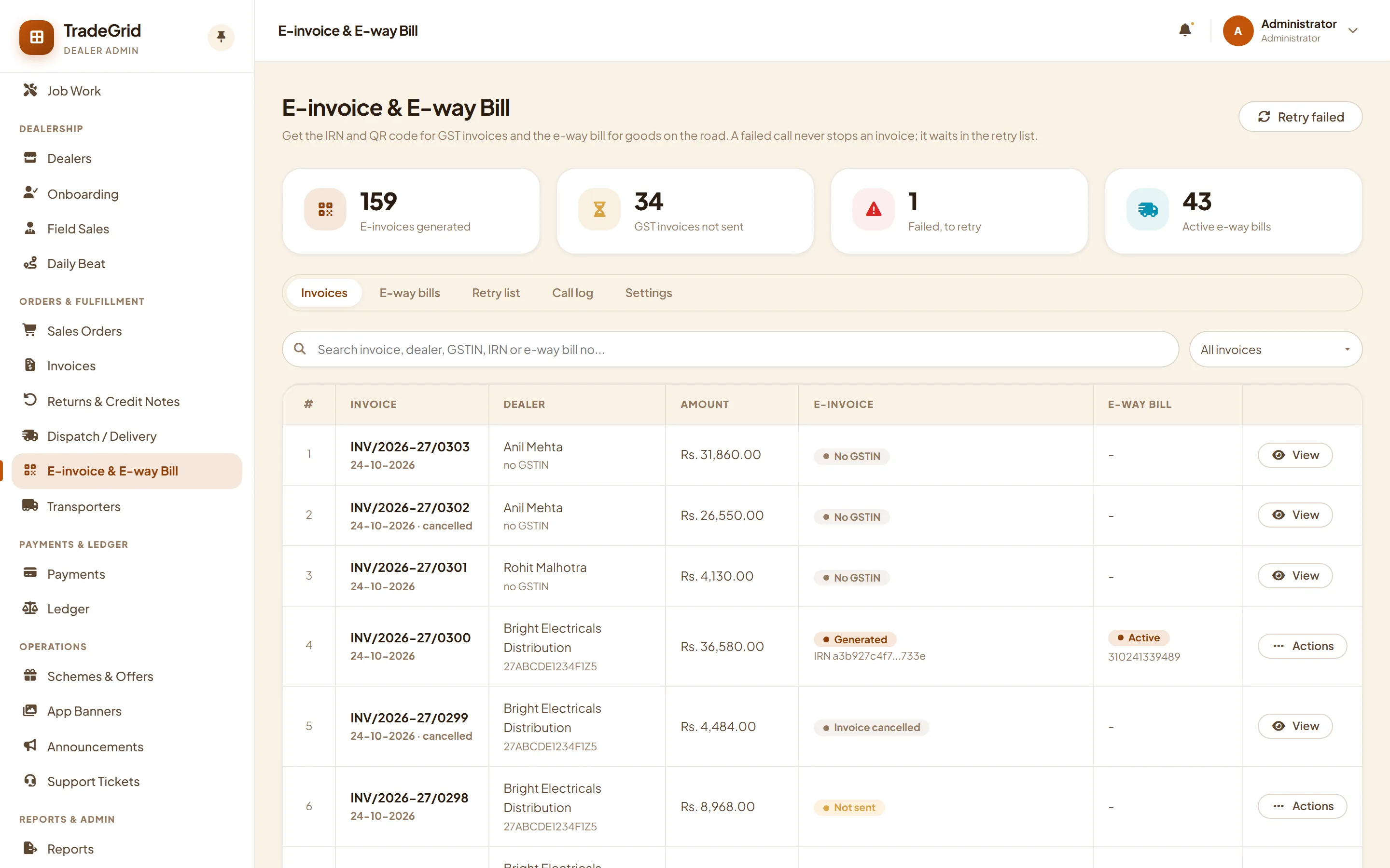 E-invoice list with generated, failed and not sent states