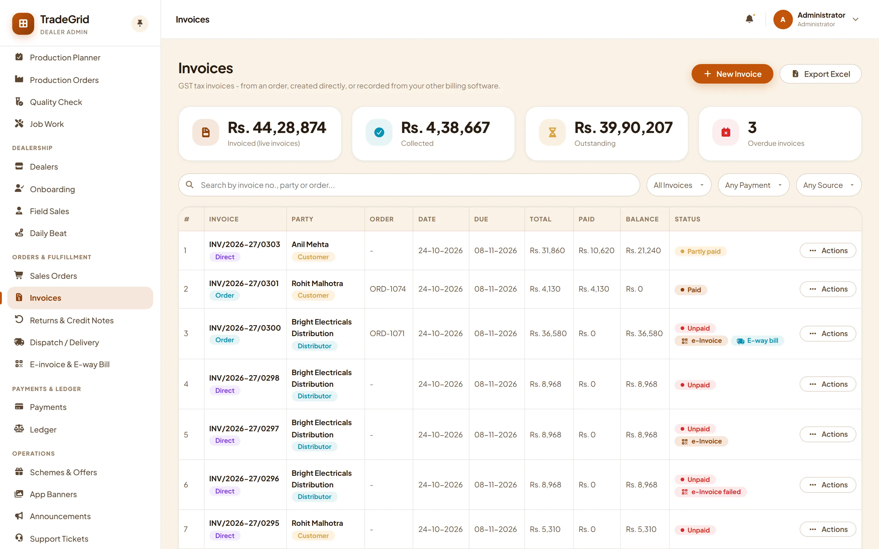 Invoice list with payment status