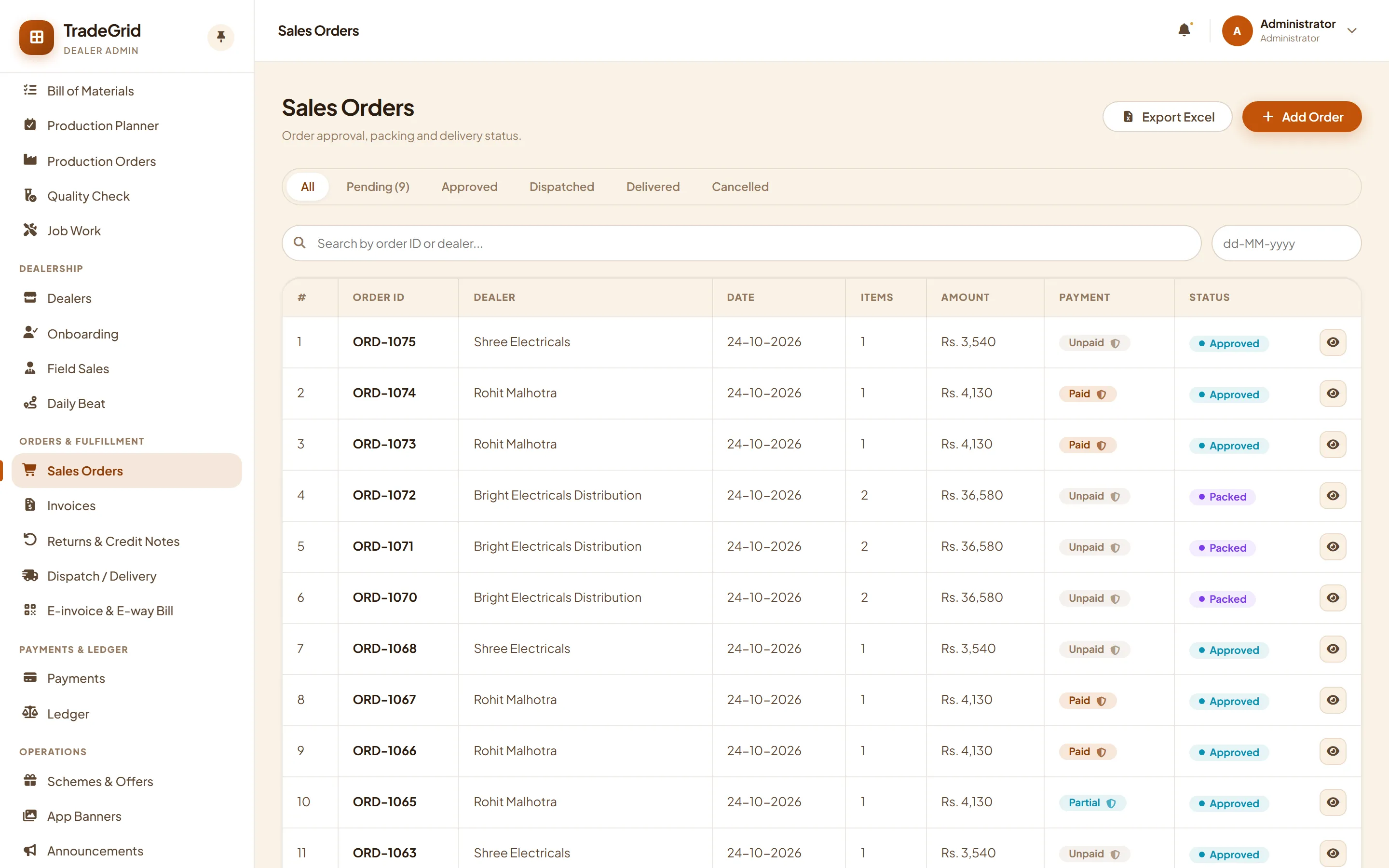 Sales orders list in the admin panel