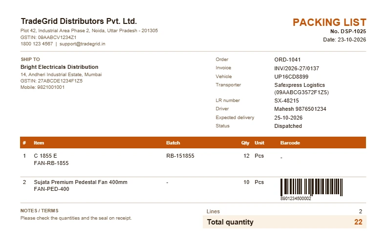 Packing list PDF with batch and barcode